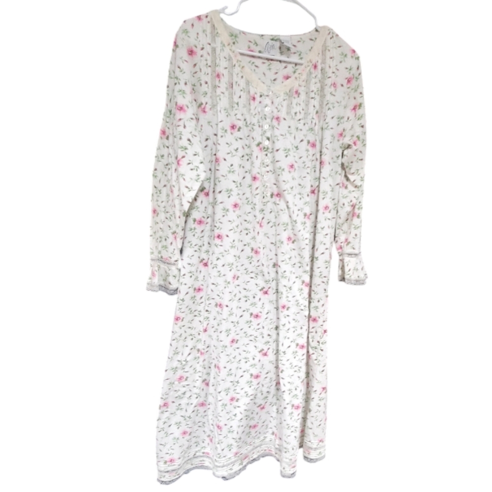 Aria 100% Cotton Long Floral Print & Lace Trim Nightgown in Medium - Picture 2 of 11